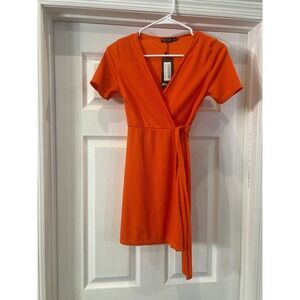 Nasty Gal Orange Mini Dress Short Sleeve‎ Wrap Casual Party US 2